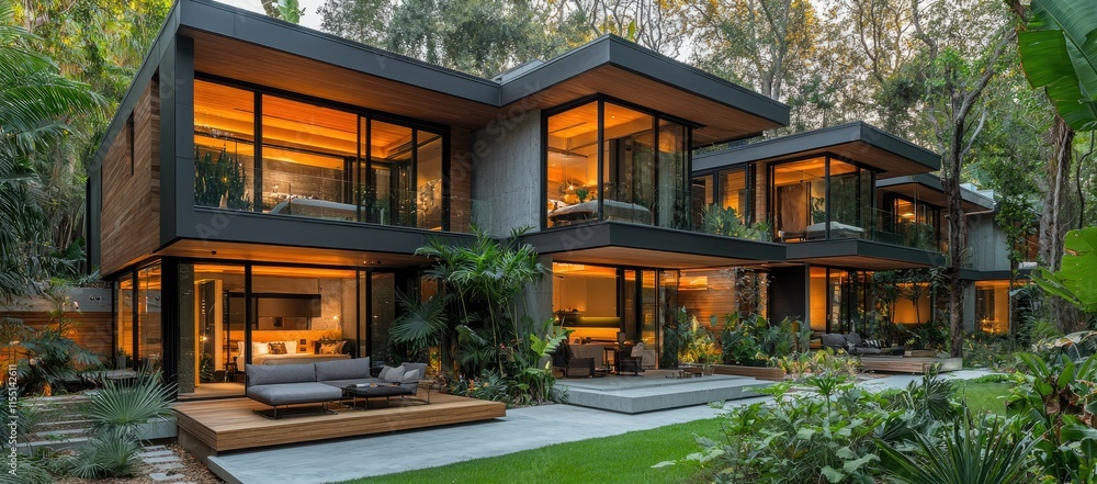 Poster modern architectural design featuring multiple interconnected houses surrounded by lush greenery.