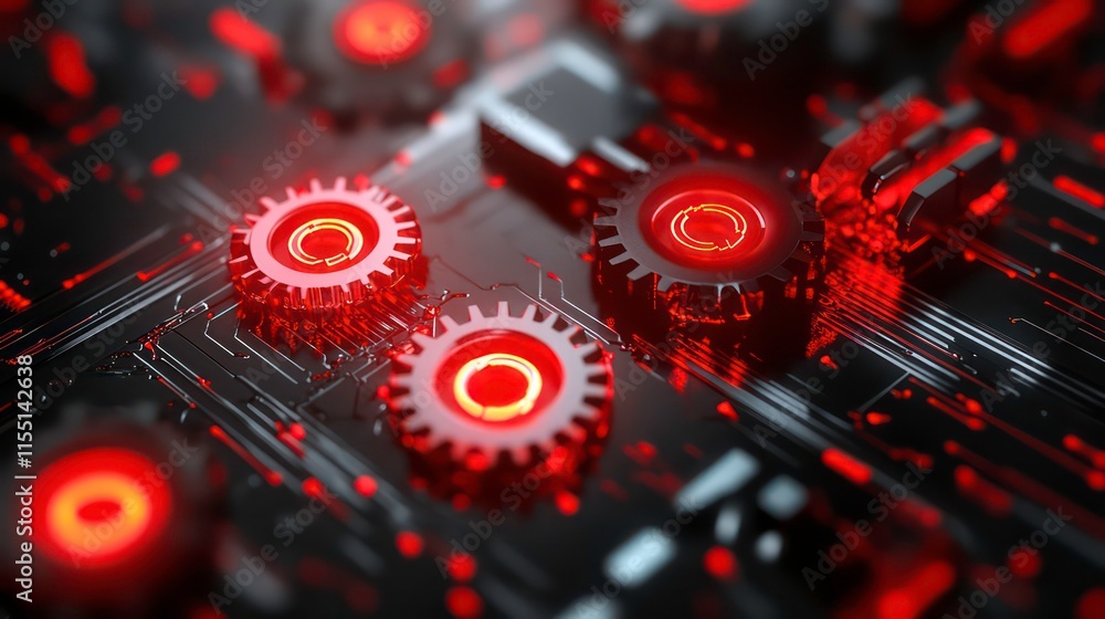 Aufkleber multiple red glowing gears on digital circuit background futuristic technology automation