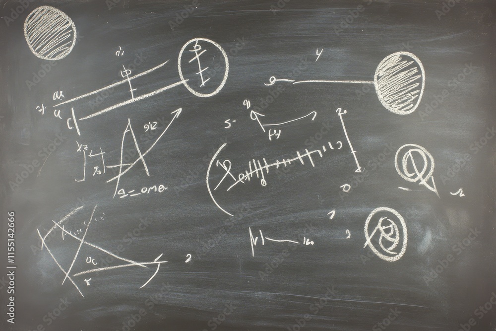 Poster chalkboard filled with physics equations and diagrams illustrating various scientific concepts.