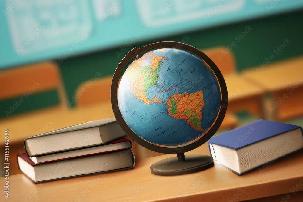 Poster a colorful globe sits atop a desk surrounded by books in a classroom setting, symbolizing learning a