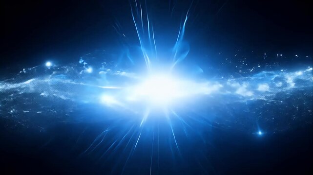 Bright electric energy surge with glowing particles, pulsing and expanding in a dark background