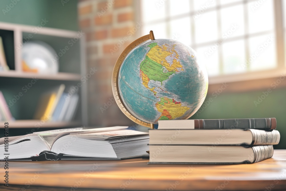 Poster a colorful globe placed on a stack of books in a cozy study area, highlighting a passion for learnin