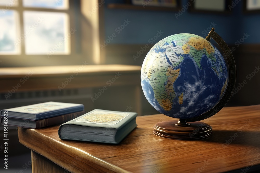 Poster a stunning globe on a wooden desk beside two books, illuminated by soft sunlight, creating a warm an