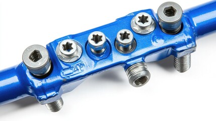 Close-up of a blue metallic component with detailed fittings and screws, showcasing industrial design elements.