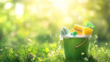 Green bucket with cleaning supplies in grass.