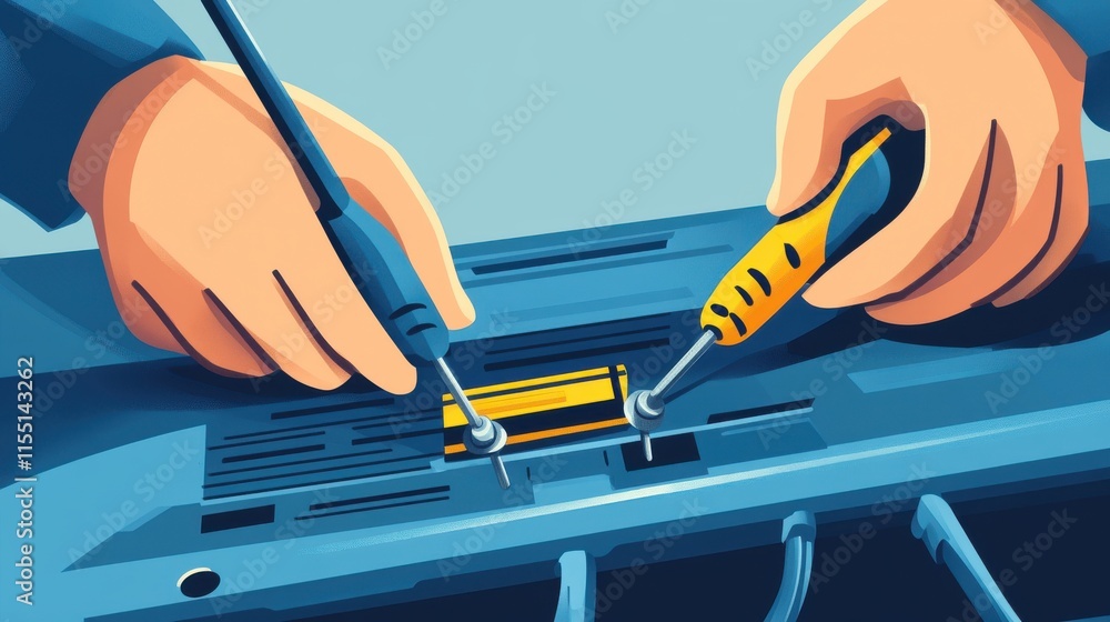 Poster hands of a technician, one light-skinned and one dark-skinned, repairing a device using tools and pr