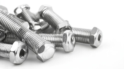 Close-up of shiny metal bolts and nuts arranged casually on a white background.