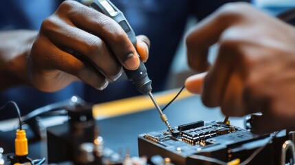 Close-up of a Black male engineer expertly working on electronic circuitry with precision tools.