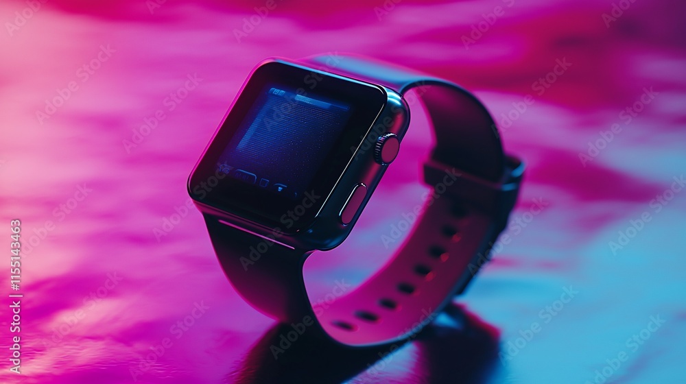 Aufkleber smartwatch with music player interface on vibrant background.
