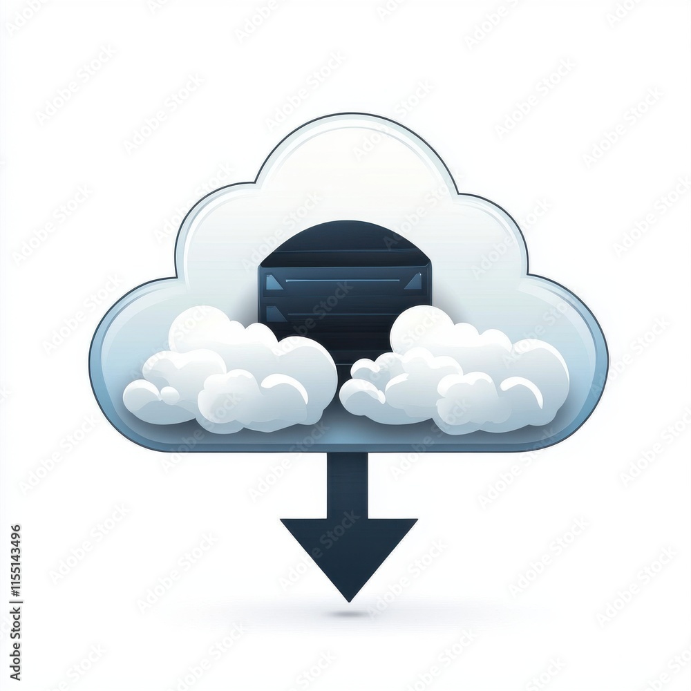 Poster stylized cloud icon with a downward arrow, symbolizing cloud storage and data transfer technology.