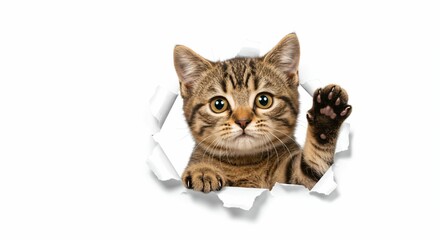 Adorable Tabby Kitten Peeking Through Torn Paper with Curious Eyes - Creative Studio Portrait