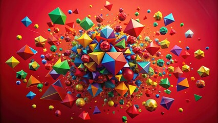 Colorful geometric shapes dance across a vibrant red background, forming a mesmerizing abstract pattern , modern, energetic