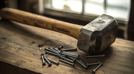 A heavy metal hammer rests on a wooden workbench beside scattered screws, evoking a sense of craftsmanship and industry.
