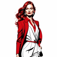 このイラストは、クラシックな雰囲気を持つ赤いドレスをまとった女性を描いている。ドレスは肩部分にカットアウトが施され、モダンなデザインが際立つ。ウェーブがかったショートヘアとレッドリップが、洗練された魅力を引き立てている。女性は小さなクラッチバッグを手にし、エレガントで自信に満ちた姿勢が印象的。