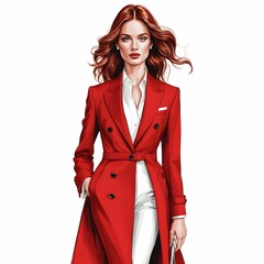 このイラストは、赤いスーツスタイルのエレガントな女性を描いている。スーツはウエストが引き締まったシルエットで、深いVネックが大胆ながらも上品な印象を与える。髪はレッド系のショートウェーブで、力強さと洗練を兼ね備えた魅力を引き立てている。小さなクラッチバッグを持ち、都会的で知的な雰囲気が漂う。
