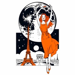 このイラストは、ショートヘアの女性がノースリーブの赤いダブルブレストのジャケットを着用し、力強い視線を向けている。シンプルでありながら洗練されたファッションが都会的な雰囲気を引き立て、モダンでエレガントな印象を与えている。