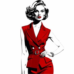 このイラストは、滑らかな黒髪が肩に流れる女性を描いている。控えめなノースリーブのトップスを着用し、落ち着いた表情と赤いリップがエレガントな雰囲気を醸し出している。洗練されたシンプルなデザインが、モダンでクラシックな美しさを表現している。