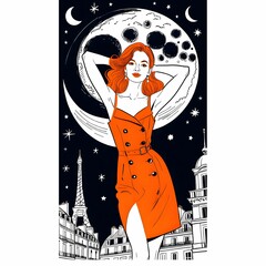 このイラストは、黒髪の女性が鮮やかな赤いダブルブレストジャケットを着用し、洗練された姿勢で描かれている。赤いリップと白いパンツがモダンで力強いスタイルを強調し、都会的でエレガントな雰囲気を放っている。