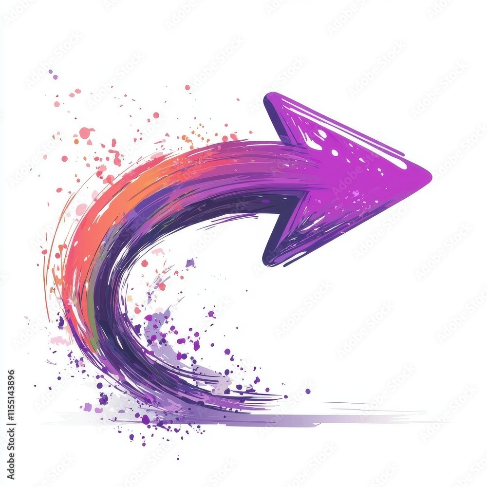 Poster dynamic purple arrow with colorful splashes, symbolizing direction and movement.