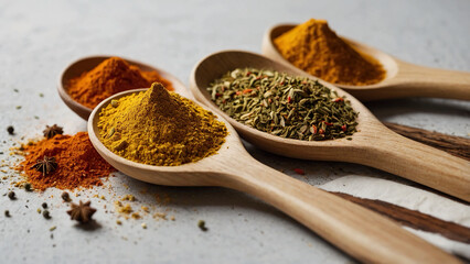 A wooden spoon with a variety of powdered spices is isolated against a white backdrop. An assortment of close-up wooden spoons containing pepper powder, curry, turmeric, and cumin. route clipping.