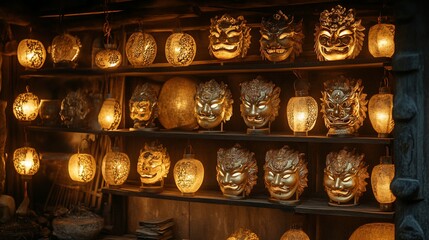 Ornate, illuminated masks on wooden shelves.