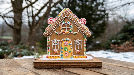 Festive Gingerbread House Decorated with Colorful Candy Treats