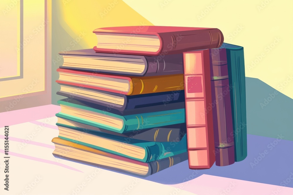 Poster a vibrant stack of colorful books resting against a wall, illuminated by soft sunlight.