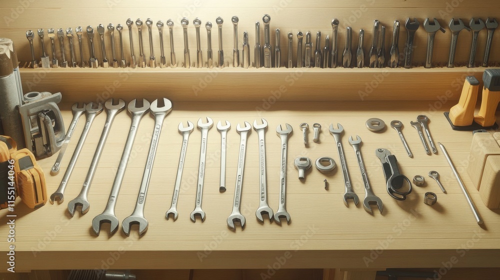 Poster a neatly arranged set of metallic tools on a wooden workbench, showcasing a variety of wrenches and 