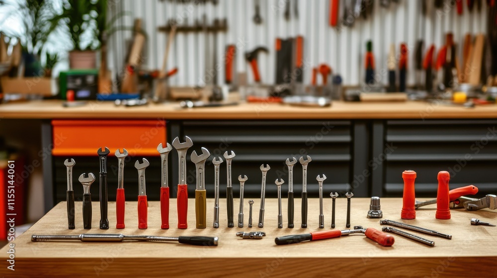 Aufkleber an organized display of various hand tools on a wooden workbench in a workshop setting.