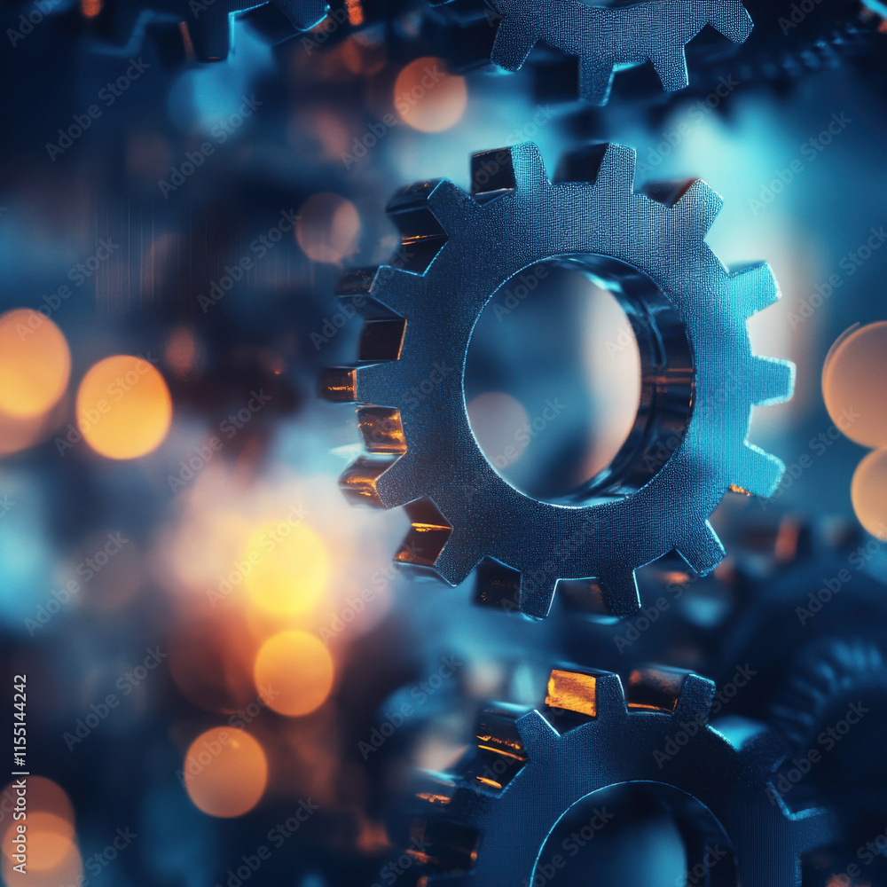 Poster gears interlocking in a dynamic display of industrial mechanics with glowing background lights