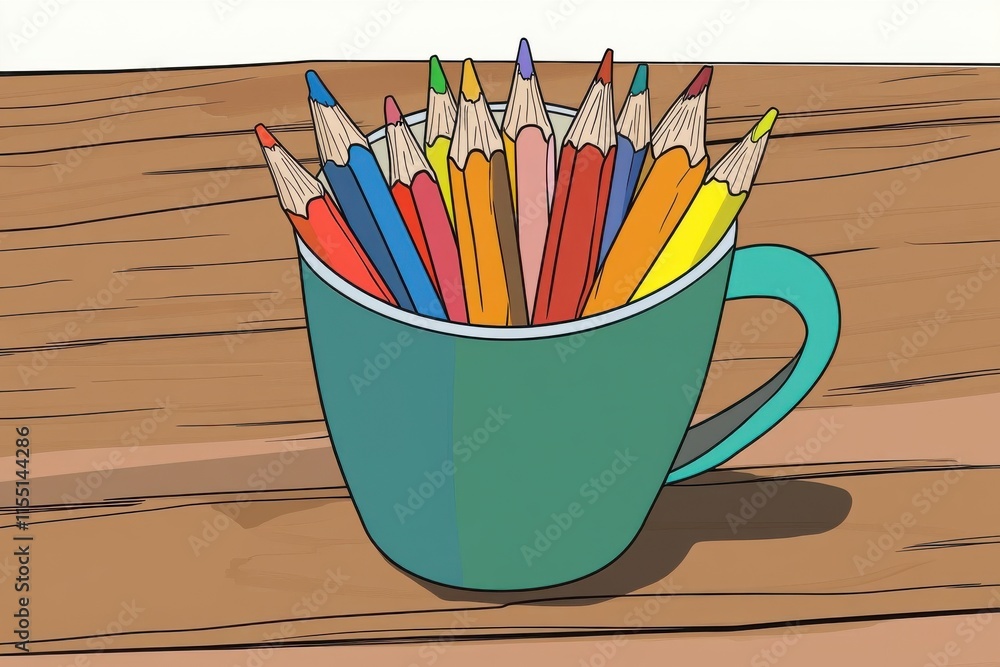 Poster a colorful array of pencils standing tall in a teal mug, set against a rustic wooden background.