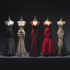 Elegant evening gowns displayed in a boutique highlighting intricate designs and luxurious fabrics