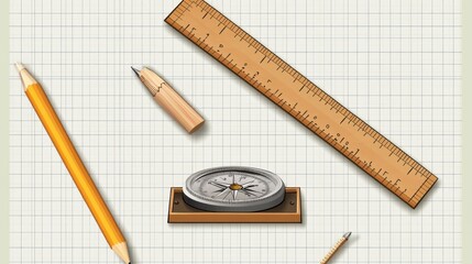 Drawing tools including a pencil, compass, and ruler on a grid paper background.