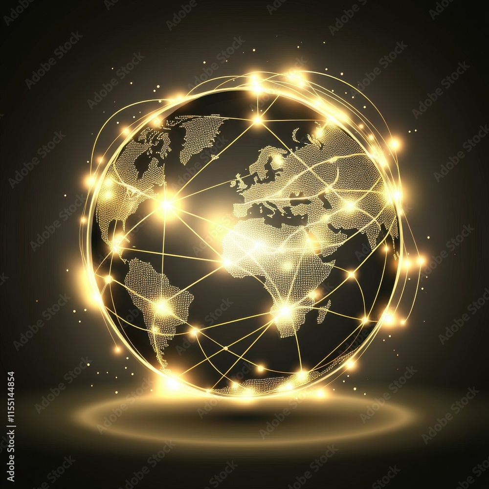 Poster a captivating digital representation of a glowing world map, showcasing global connections through i