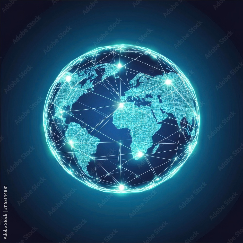 Poster digital globe connecting continents with lines and dots, illustrating global network and communicati