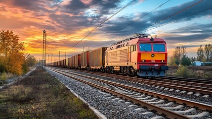 Fototapeta premium Freight train at sunset. Concept of logistics, transportation, and cargo.