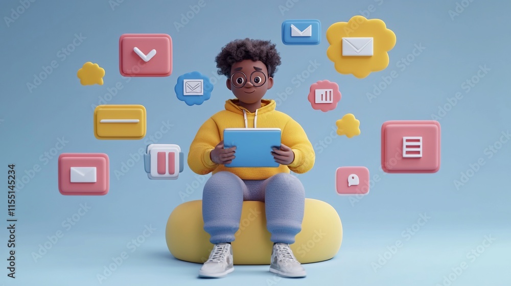 Poster 3d illustration of a person using a tablet, surrounded by colorful app icons.