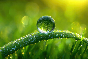 A large dewdrop rests on a vibrant green leaf illuminated by the morning sun.