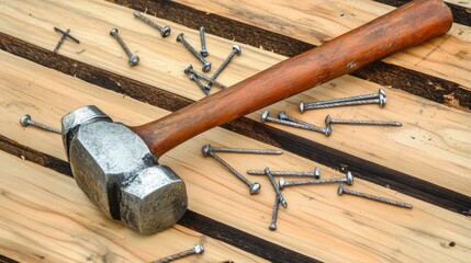 Close-up of a sturdy hammer on wooden planks, surrounded by scattered nails, creating a craftsman vibe.
