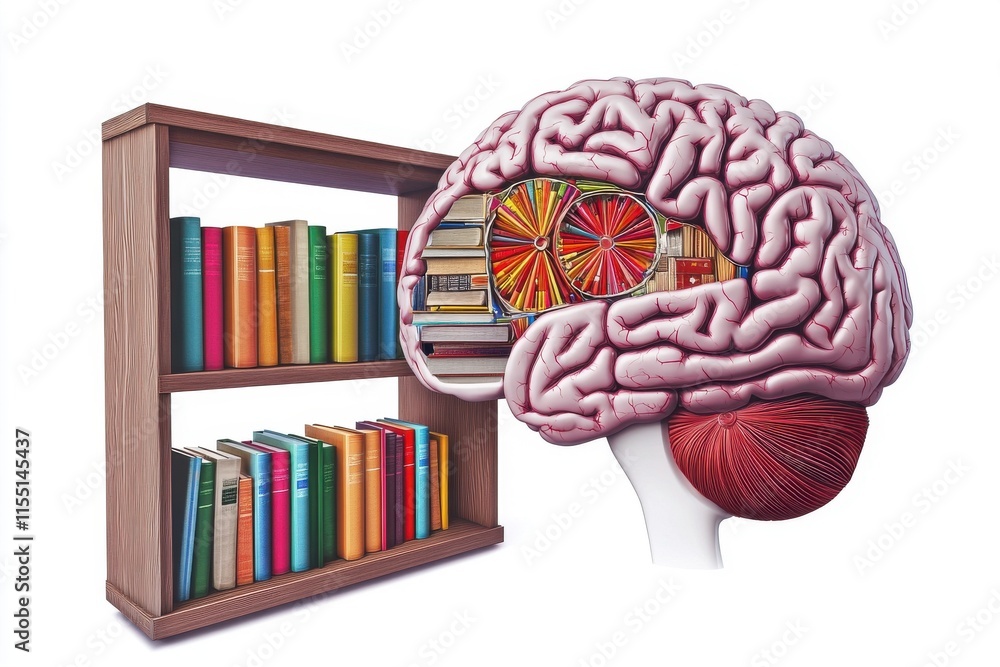 Poster conceptual illustration of a human brain with books, symbolizing knowledge and learning.