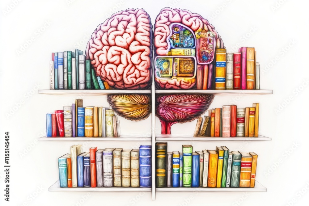 Poster a colorful depiction of a brain split with shelves of books, symbolizing knowledge and learning.