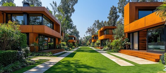 Modern architecture featuring contemporary homes amidst landscaped gardens.