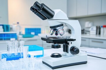 A modern laboratory microscope in a bright, sterile setting, highlighting scientific exploration and discovery.