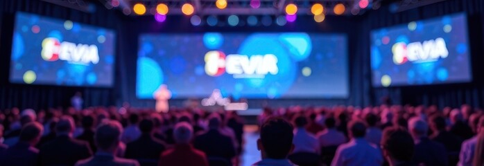 innovation, technology events or corporate presentation. tech conference stage featuring large screen and seated audience, blurred banner background with copy space.