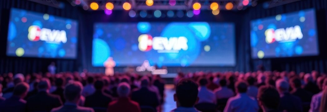 innovation, technology events or corporate presentation. tech conference stage featuring large screen and seated audience, blurred banner background with copy space.