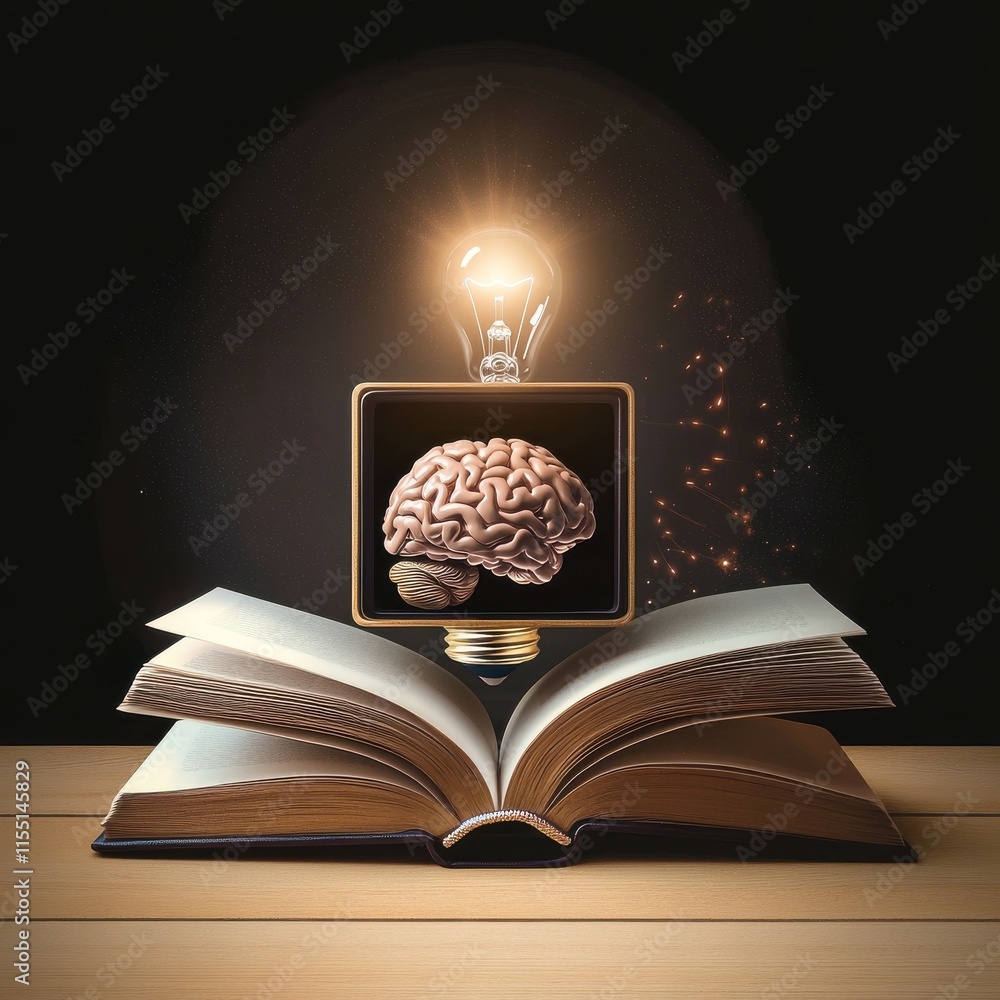 Poster an open book with a light bulb and a brain illustration, symbolizing knowledge and creativity.
