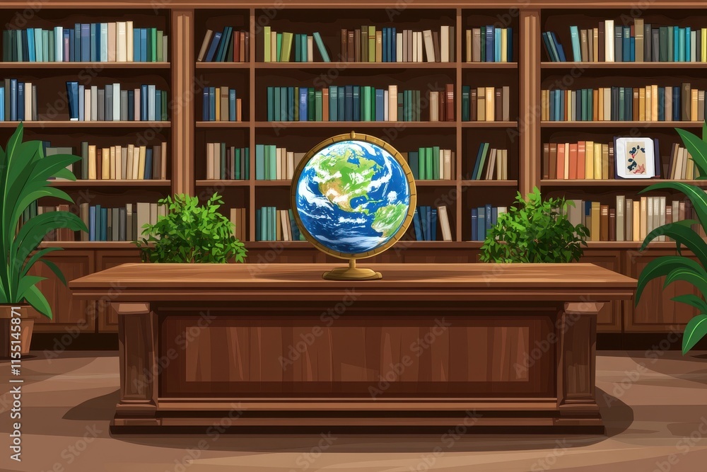 Poster a colorful globe sits on a wooden table in a cozy library filled with books and greenery.