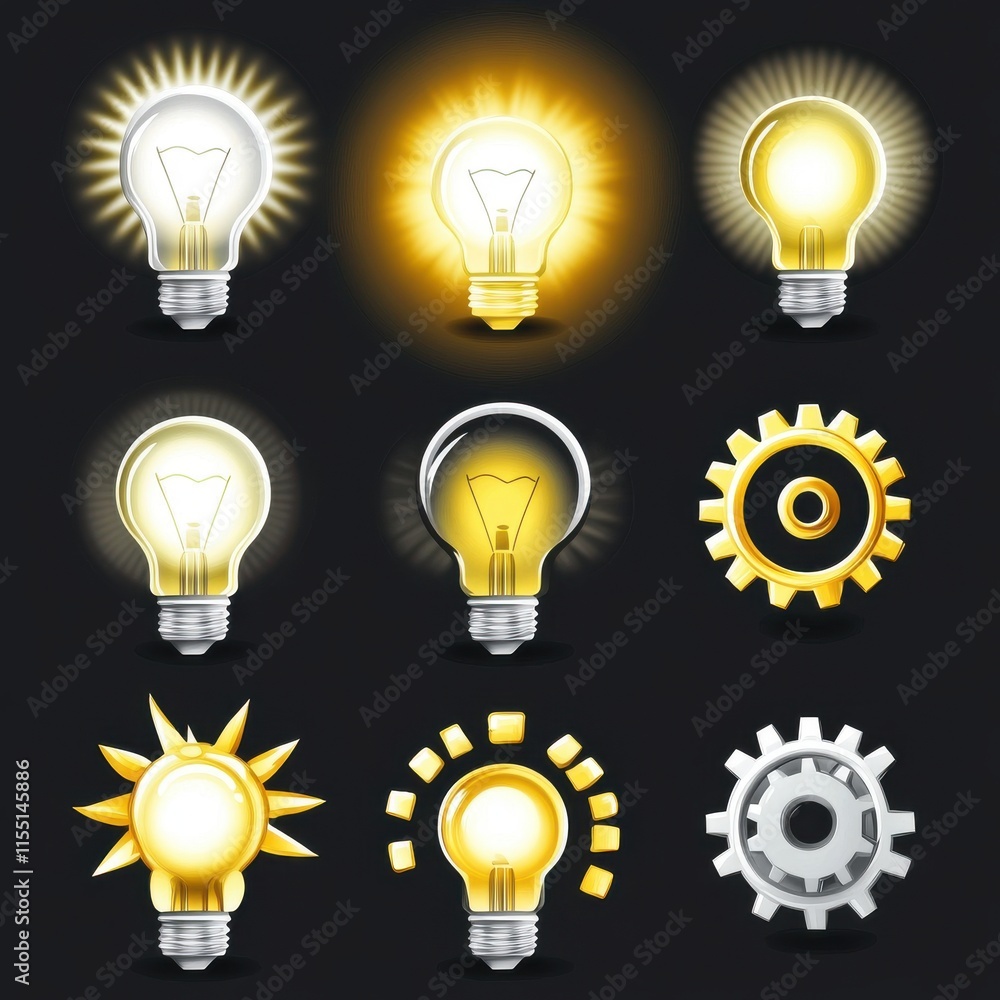 Poster a collection of light bulb icons showcasing different designs and styles, featuring both glowing and