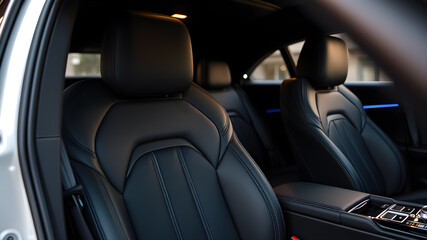 Car interior design with leather black seats. Generative AI