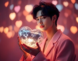 Hot asian guy holds a disco heart on party background. Romantic holidays and emotional concept. For Valentine's Day. Studio portrait for poster, card